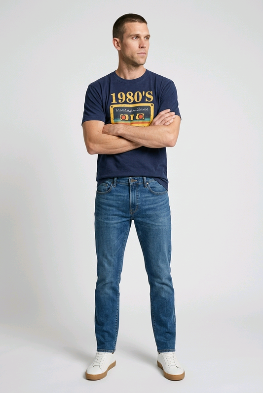 80s Classic Cotton Graphic Drop Shoulder T-Shirt - Navy