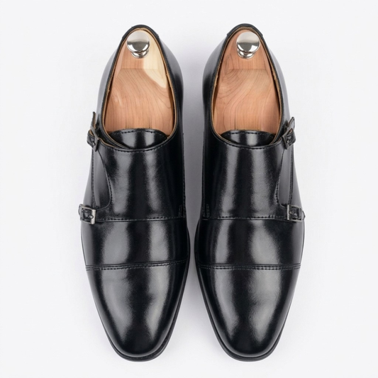 Walkist Original Leather Double Monk Strap Shoes - Black